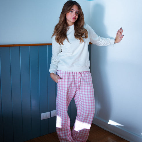 Women Winter Pajama Set Off White Sweatshirt +Pink Gingham Pattern Pants